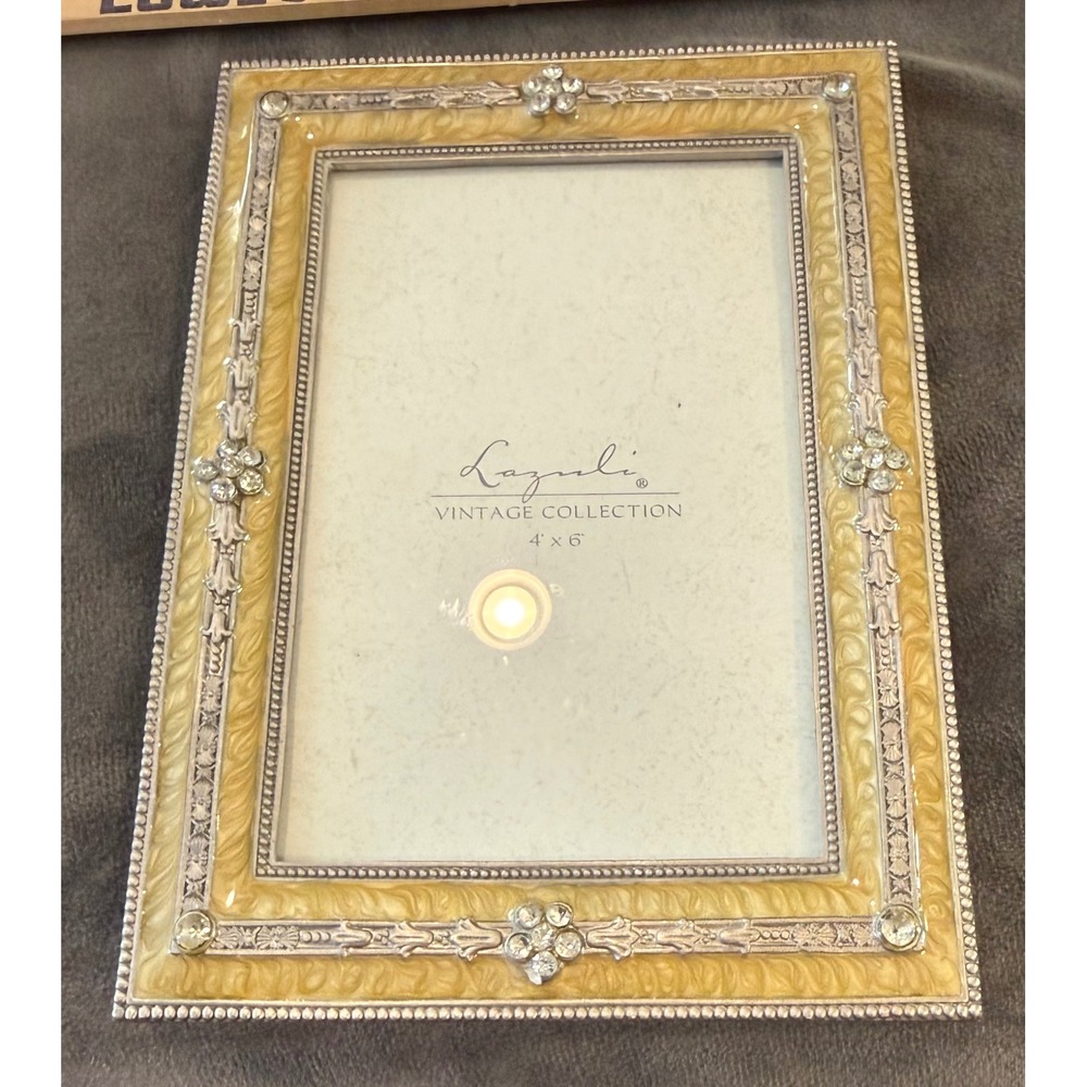 Lazuli 4x6 Picture Frame Yellow Silver Ornate Crystal Enamel Vintage Style Glam